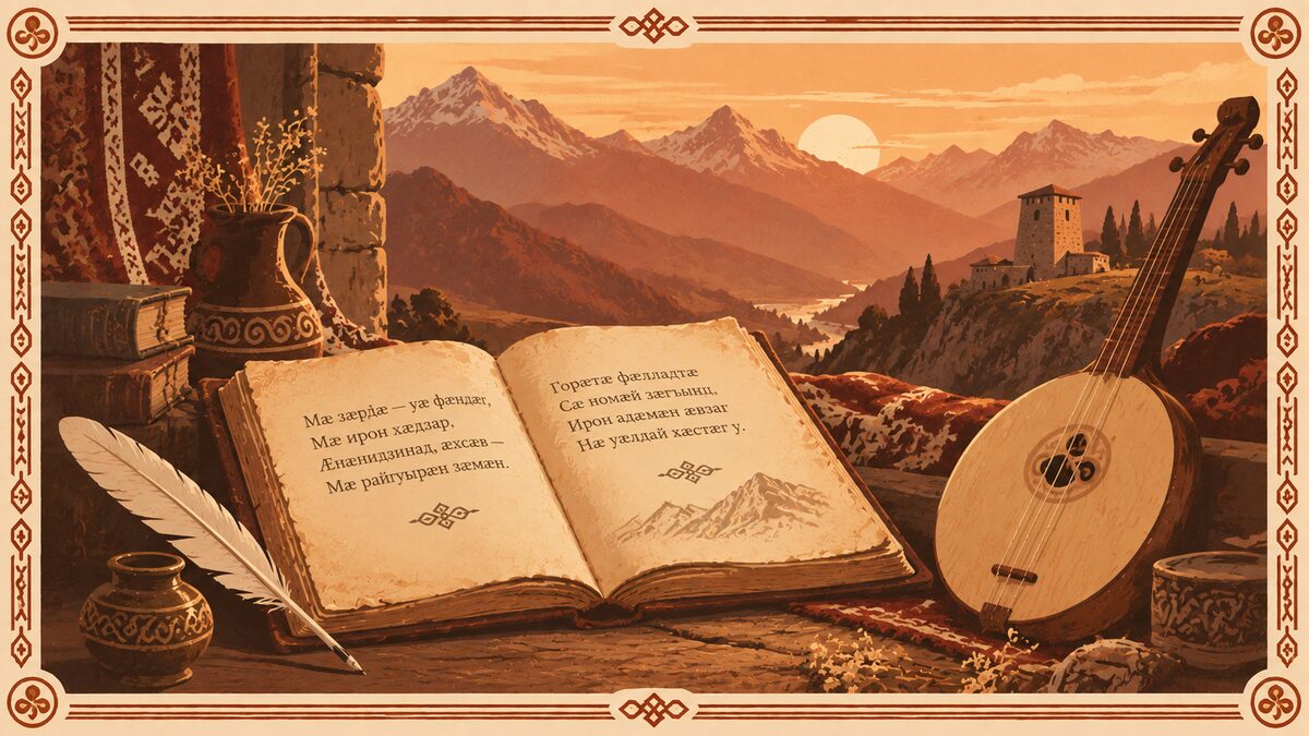 Раскрытая книга стихов и фандыр — символы наследия Коста Хетагурова