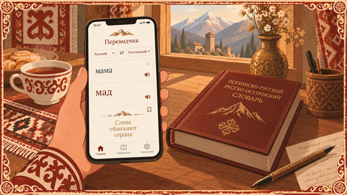 Смартфон с осетинско-русским переводчиком в руке на фоне гор