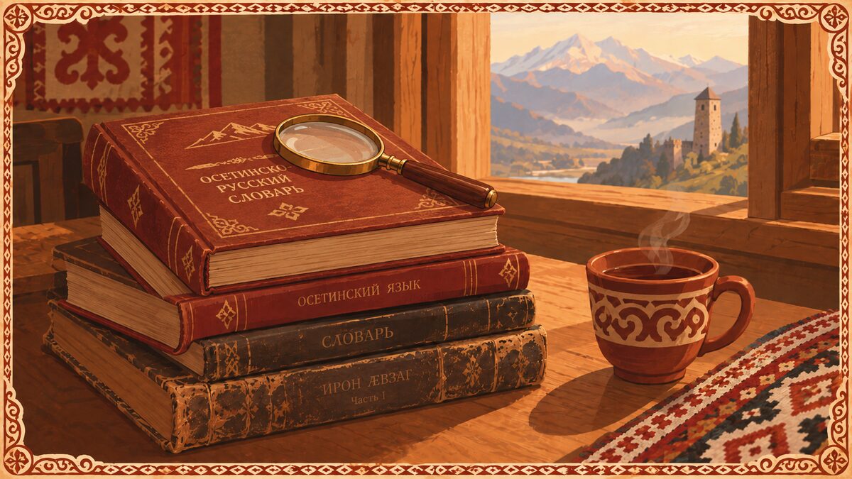 Стопка осетинских словарей с лупой на столе у окна с видом на горы